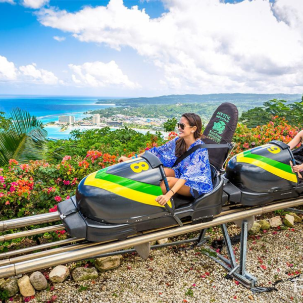 Woman on the Bobsled at Mystic Mountain in Ocho Rios Jamaica