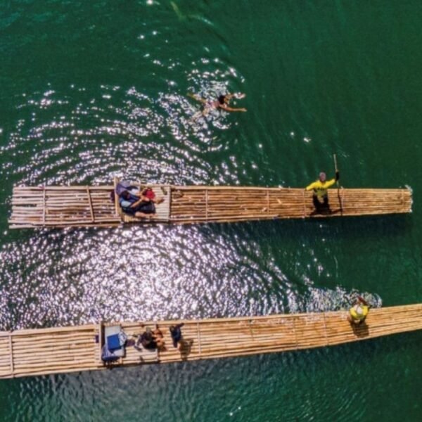 Aerial Shot of rafts on the Rio Grande River in Portland Jamaica