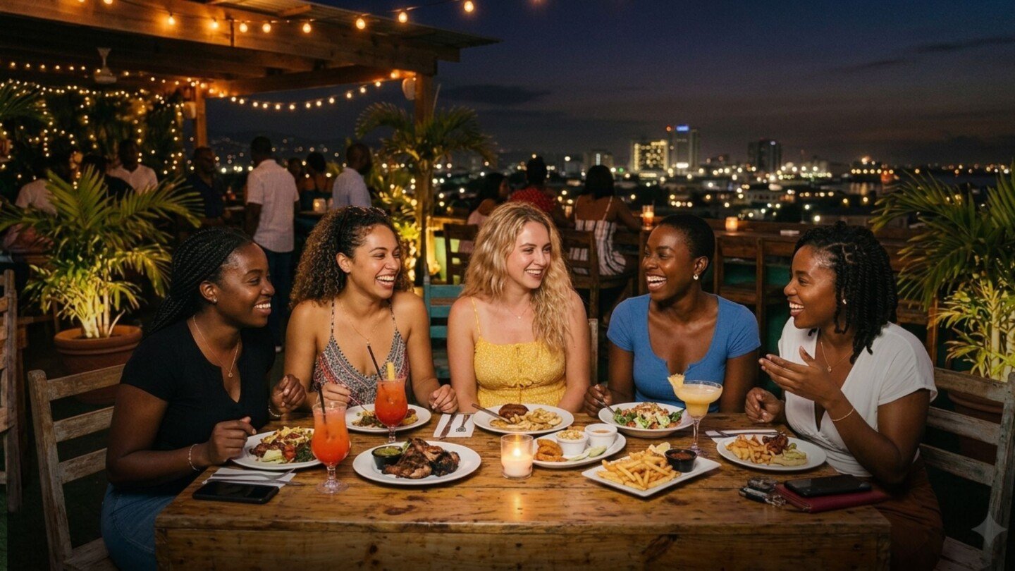 Diverse group of female friends enjoying a luxury rooftop dinner overlooking the Kingston, Jamaica skyline at night.